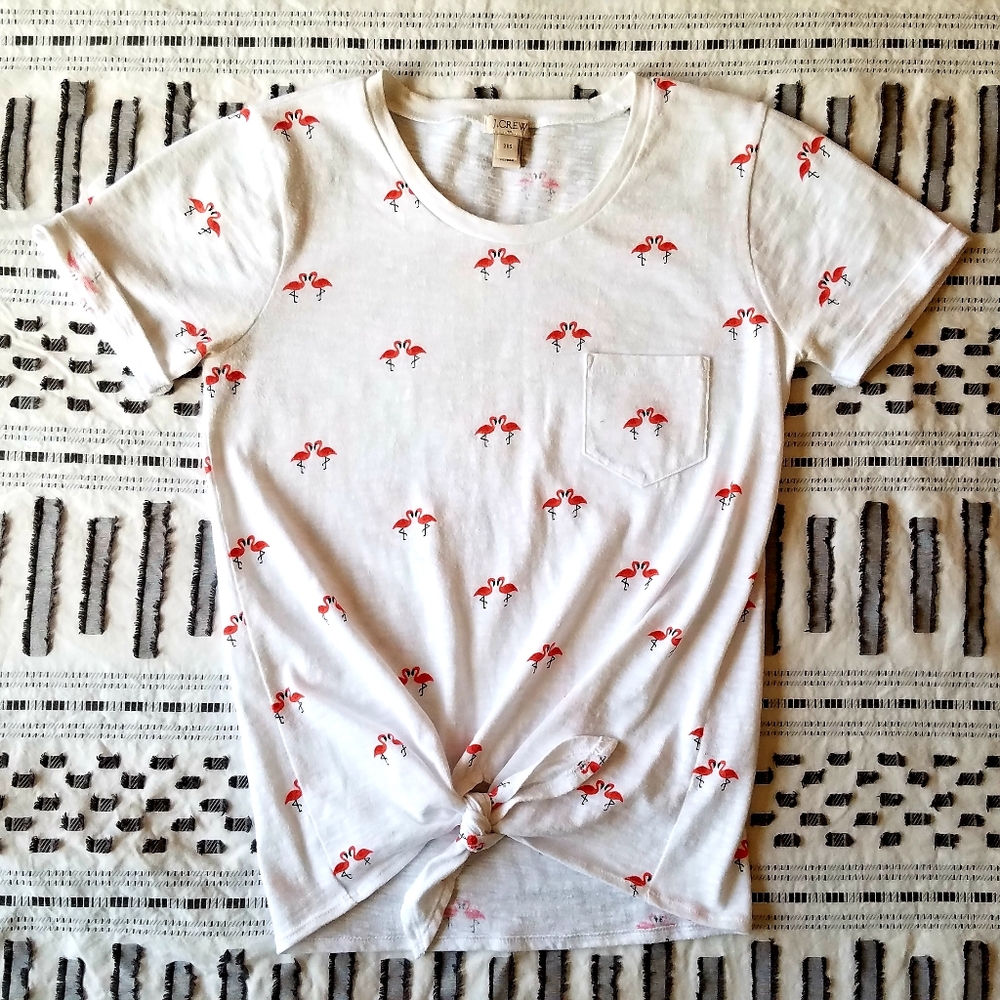 J Crew flamingo print tie front white tshirt